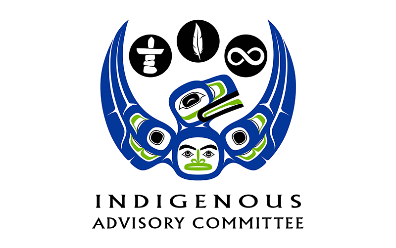 An logo with an Indigenous design that represents CLBC's Indigenous Advisory Committee. The logo colours are in blue, green and black. It is an images of a rave with outstretched wings and a person within its chest. Between the rave's wingtips are three symbols: an inukshuk, a feather and an infinity symbol.