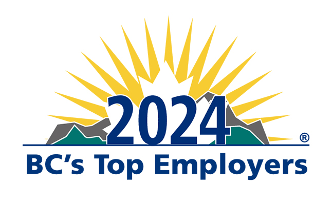 The logo for the 2024 BC's Top Employers Awards showing a maple leaf, rising sun and mountains behind the text: 2024.